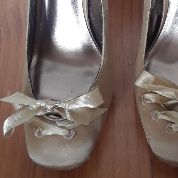 Gold Satin Heels With Ribbon Tie Detail - Picture 4 of 6